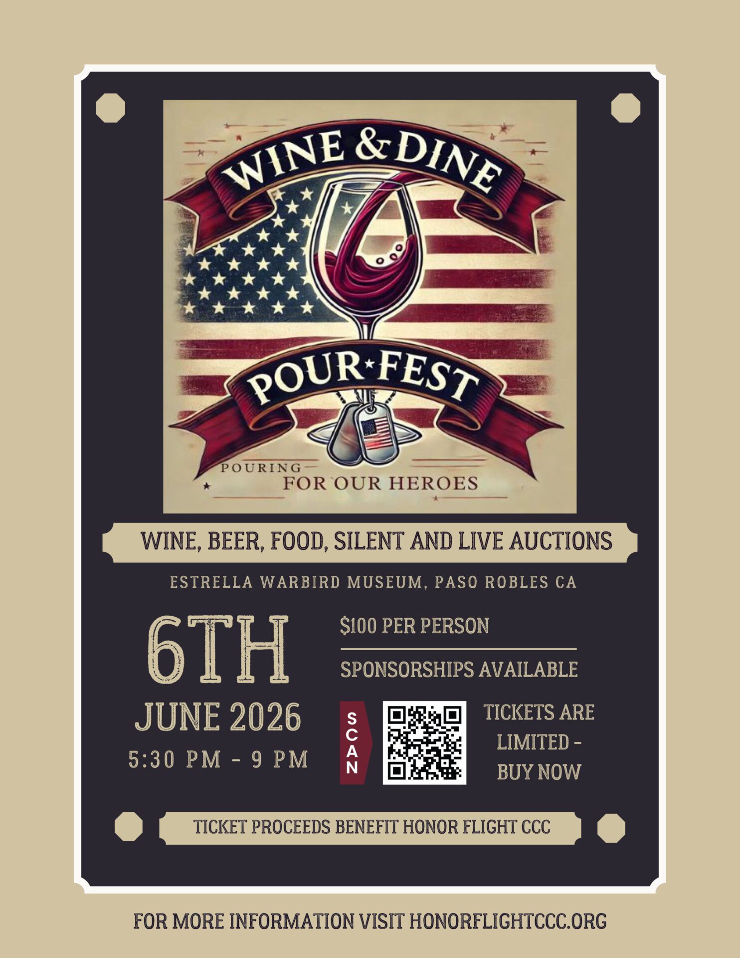 Flyer for Honor Flight Central Coast California Pour Fest Fundraiser at Estrella Warbird Museum. June 6th, 2026